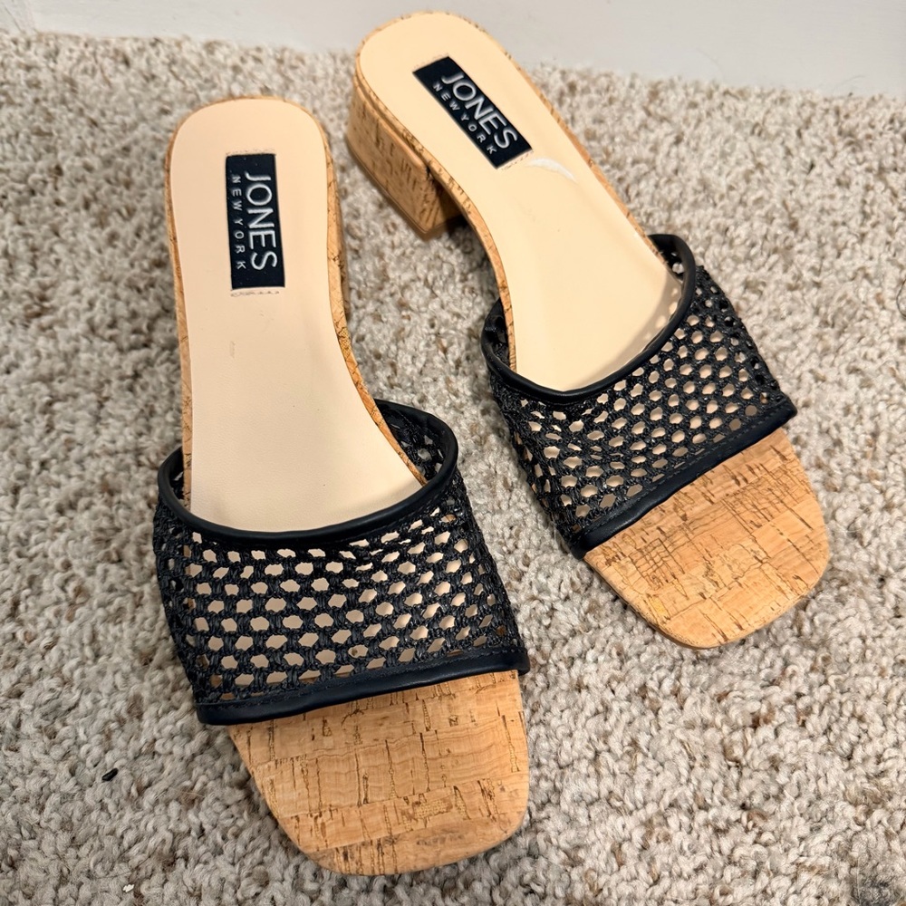 NWOT | Jones New York Black Cork Block Heel Woven Slide Sandals